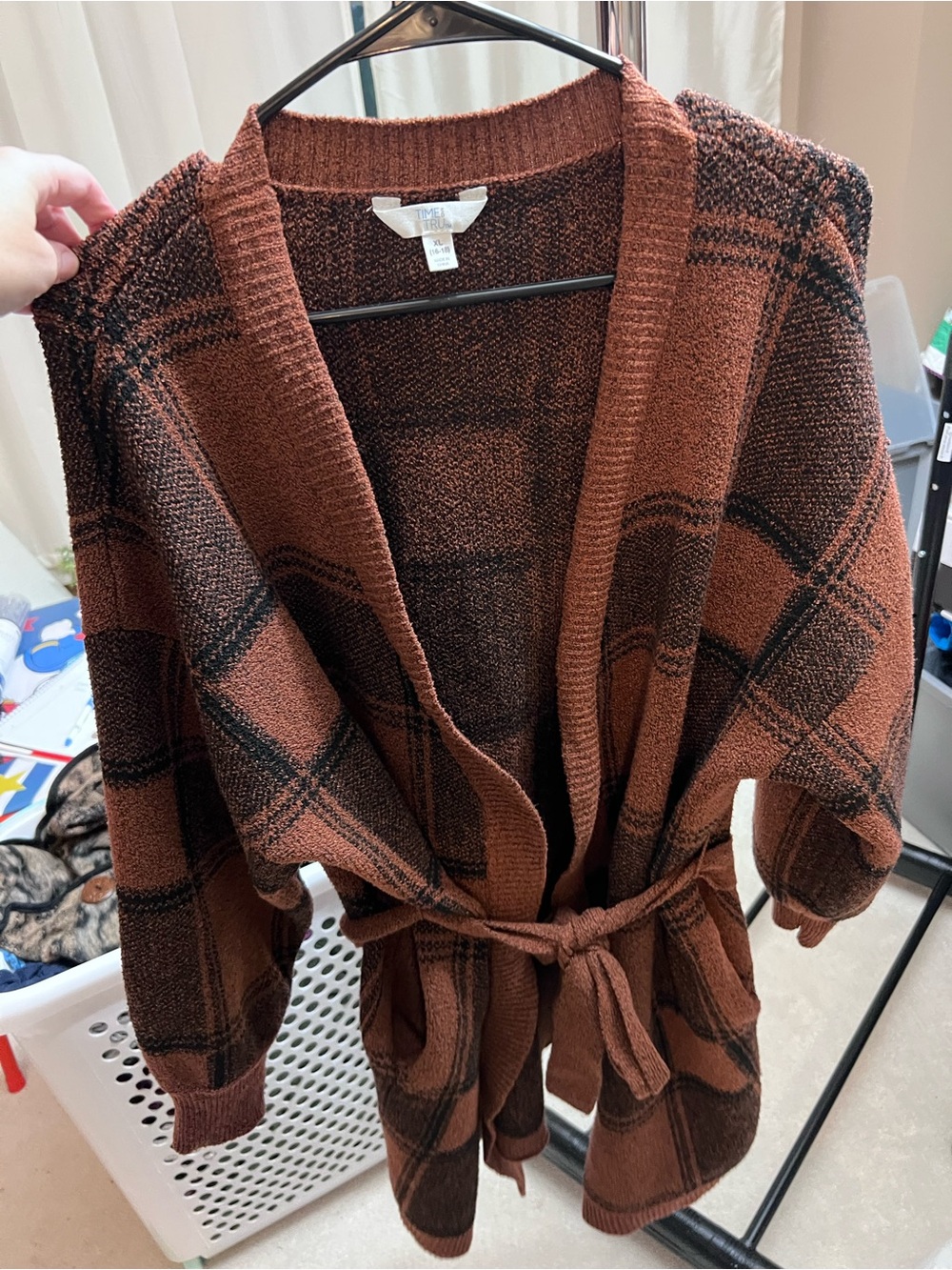 Time and Tru Brown Plaid Open-Front Belted Cardigan